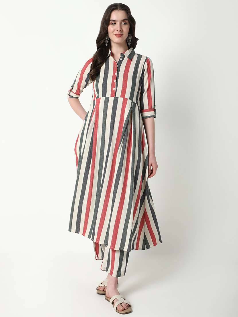 women stripes shirt collar neck kurta pant set
