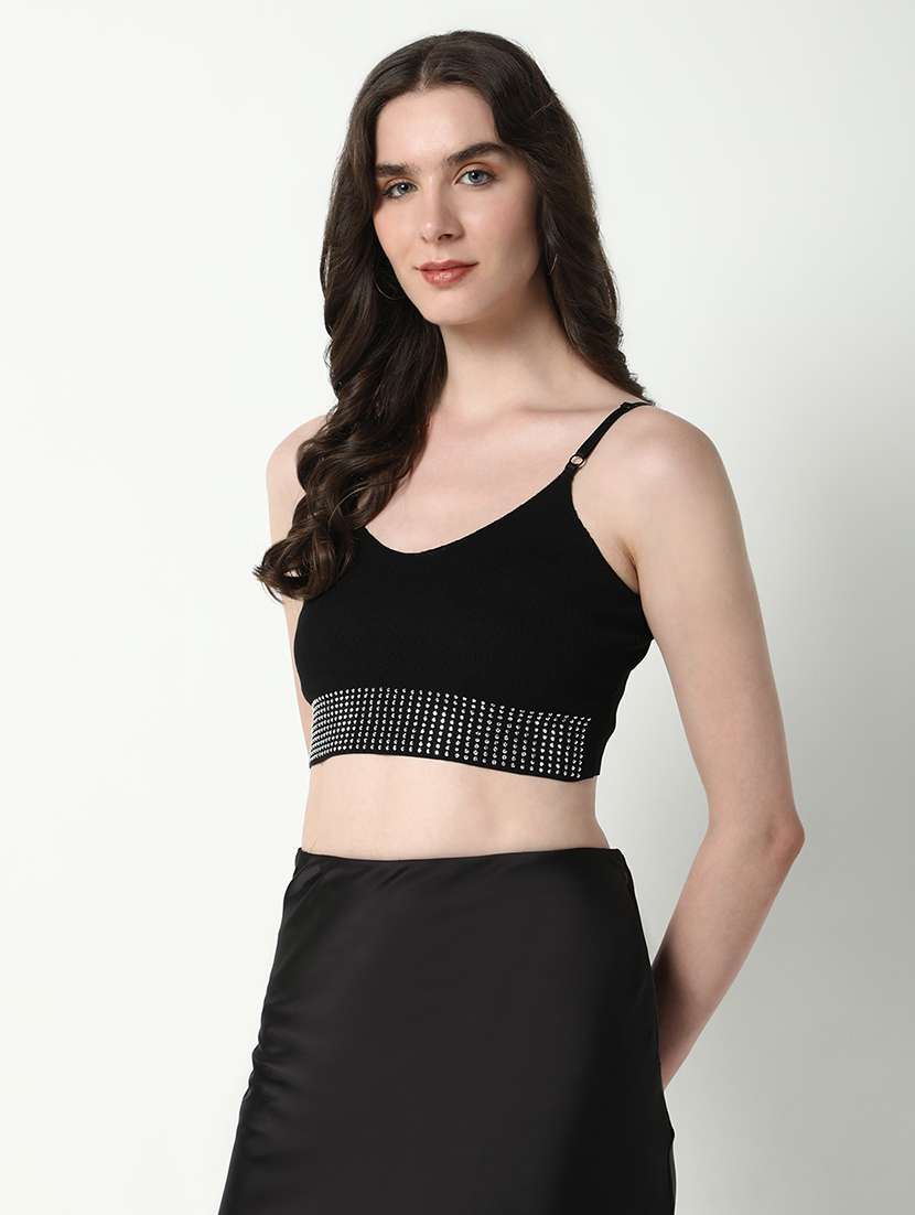 women black shoulder strap crop top - 21598200 -  Standard Image - 2