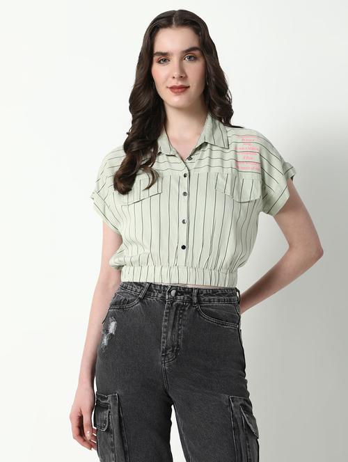 women striped collared short sleeves top - 21598208 - Standard Image - 0