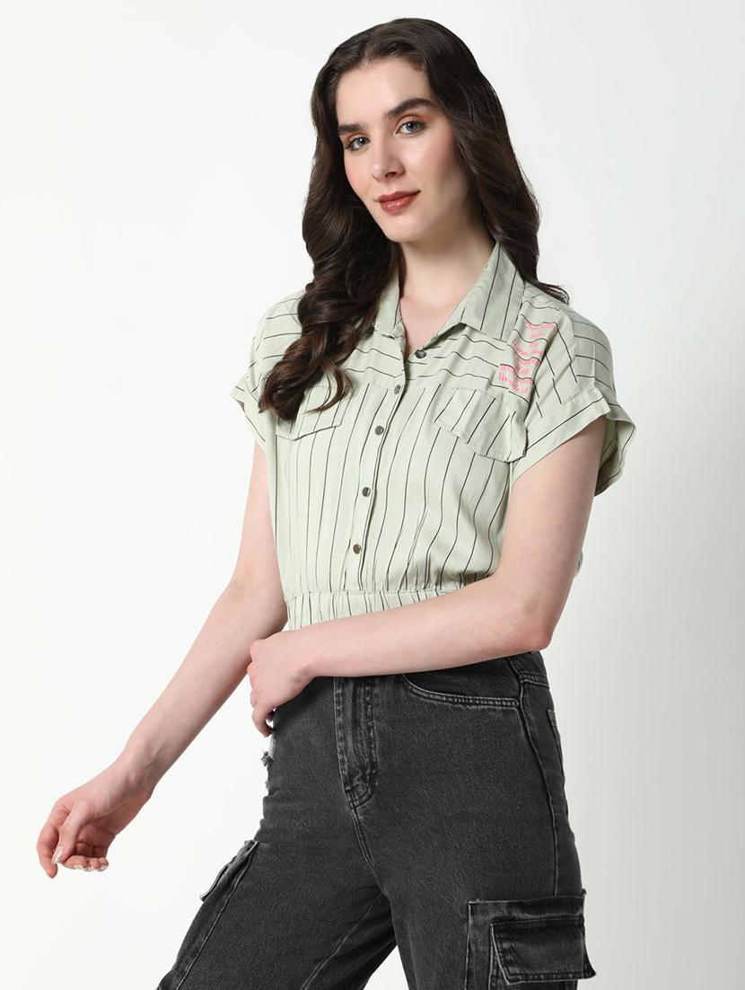 women striped collared short sleeves top - 21598208 - Standard Image - 2
