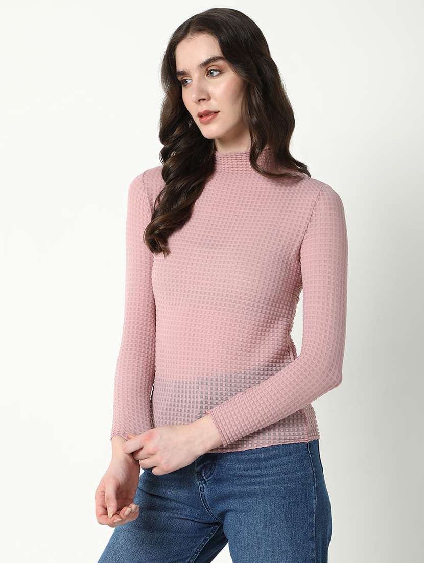 women solid mock neck slim fit top - 21598211 -  Standard Image - 2