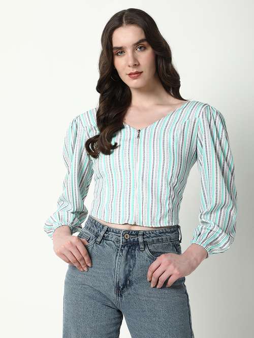 women sea green stripes v neck crop top - 21598212 - Standard Image - 0