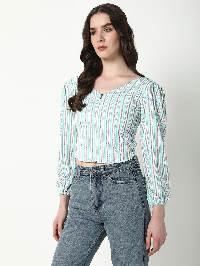women sea green stripes v neck crop top - 21598212 - Standard Image - 2