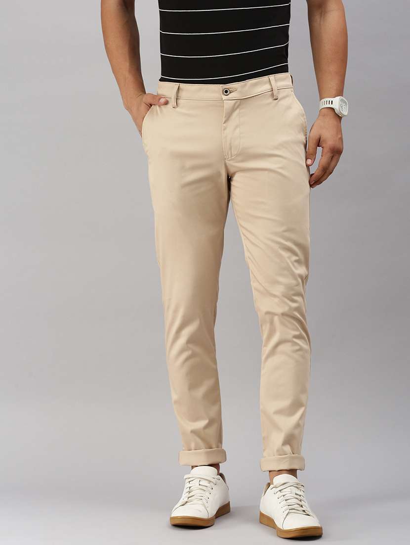 men solid flat front slim fit trouser