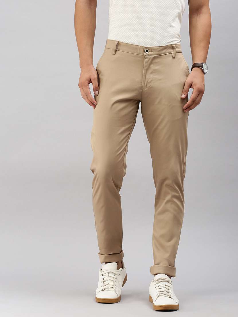 men solid flat front slim fit trouser