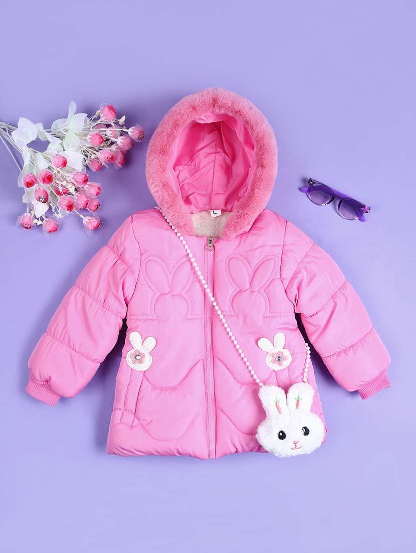 girls pink solid long sleeve quilted jacket