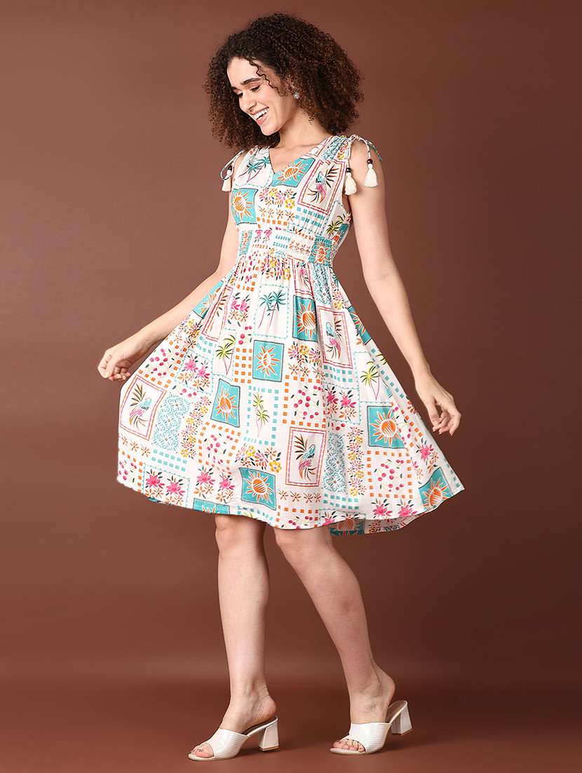 women off white printed sleeveless fit & flare dress - 21599082 -  Standard Image - 2