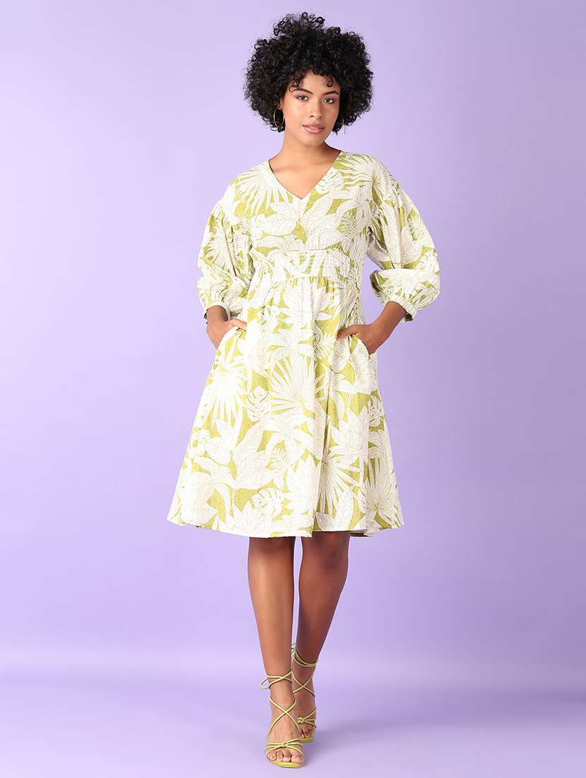 women lime printed three quarter sleeve line dress