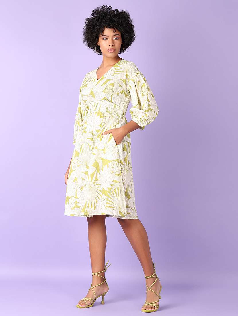 women lime printed three quarter sleeve line dress - 21599083 -  Standard Image - 2