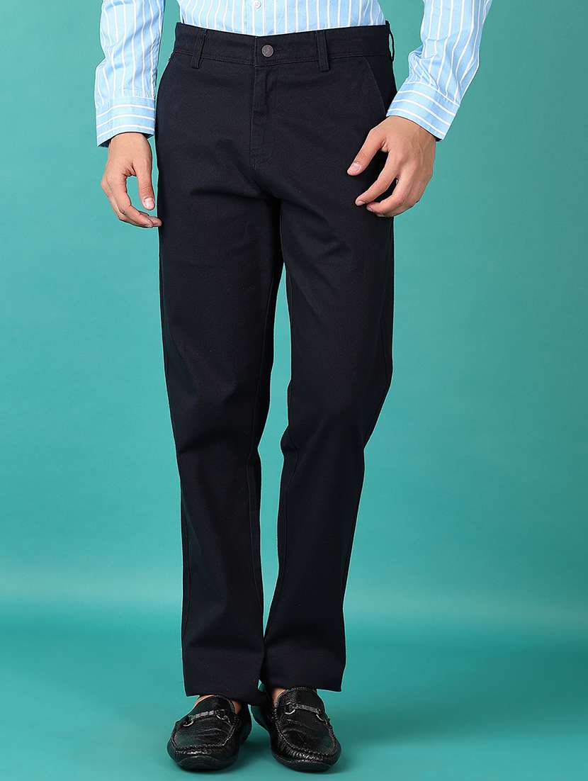 men navy blue solid chinos casual trouser