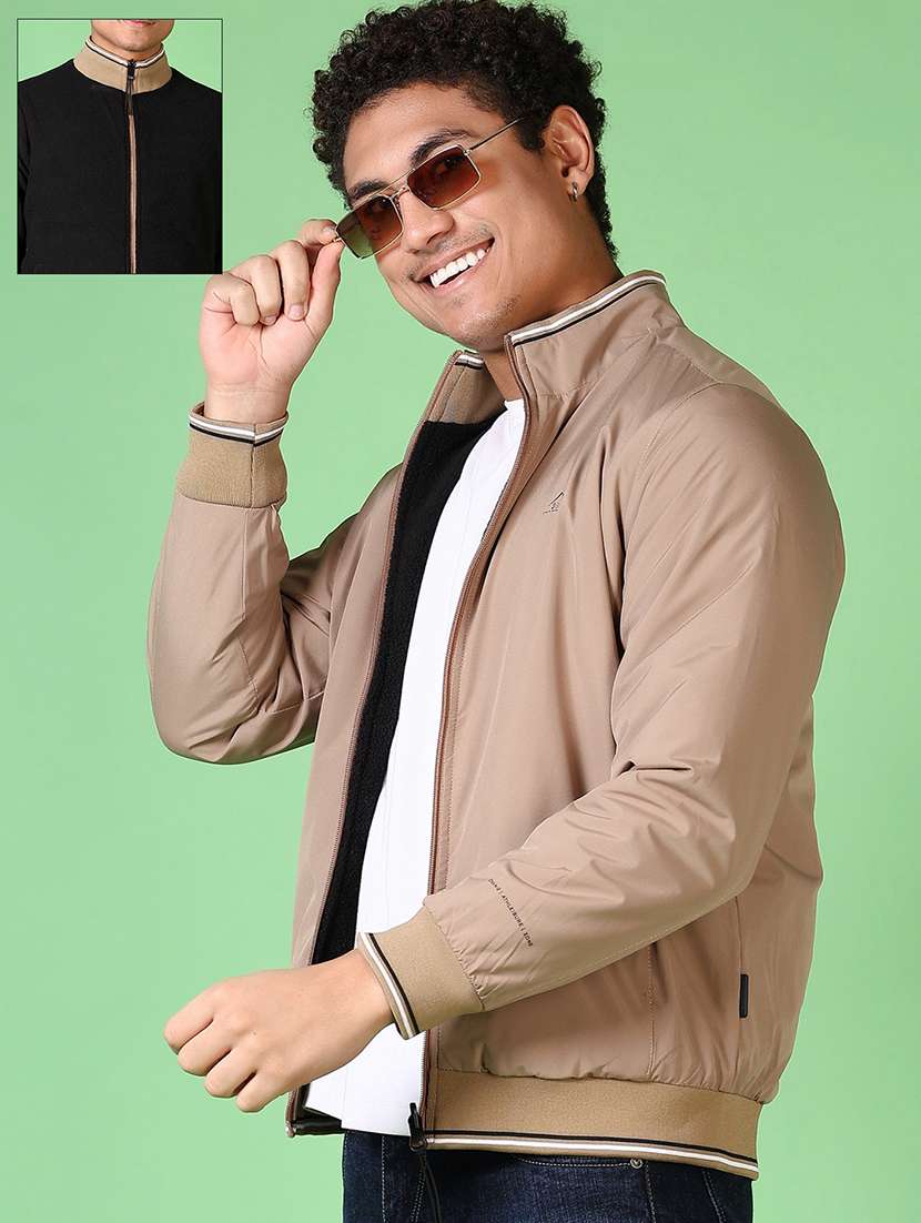 men solid long sleeve reversible bomber jacket