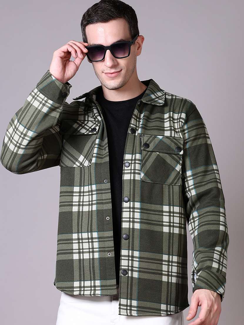 men checkered long sleeve shacket