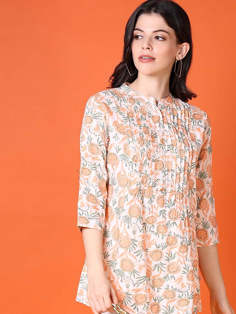 women floral three quarter sleeve straight kurti - 21599187 -  Standard Image - 2