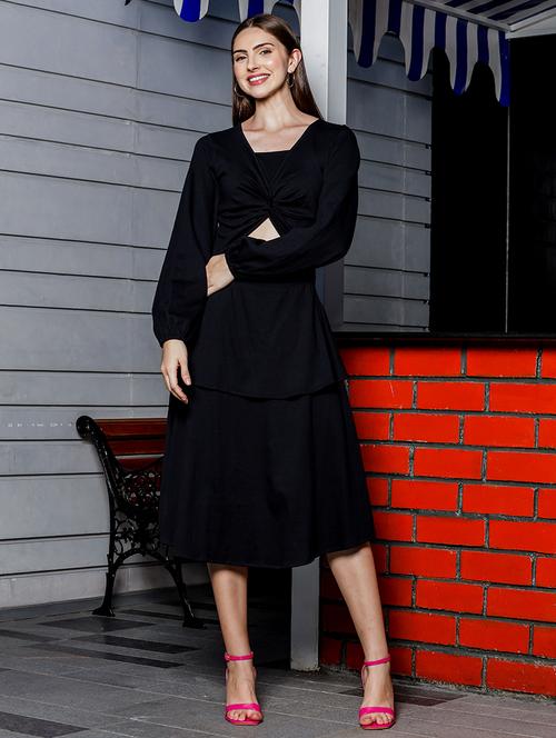women solid cutout detailed a-line dress - 21599345 - Standard Image - 0