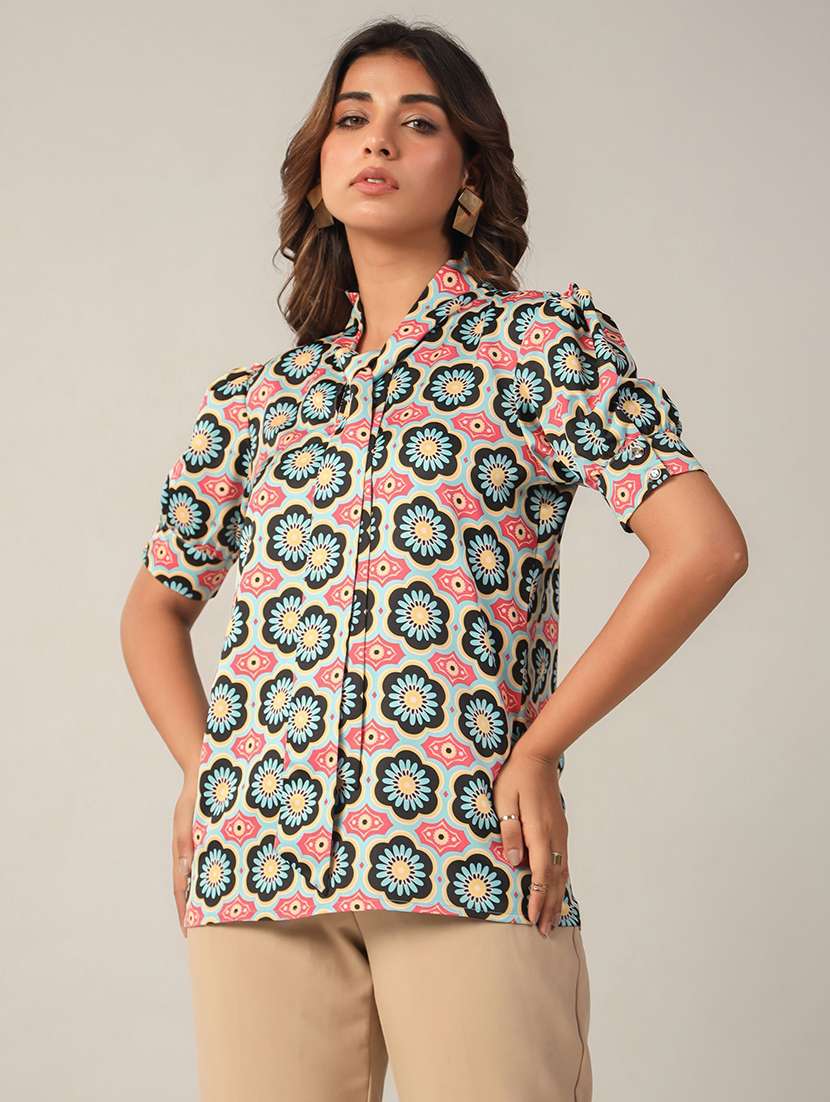women printed tie up neck shirt