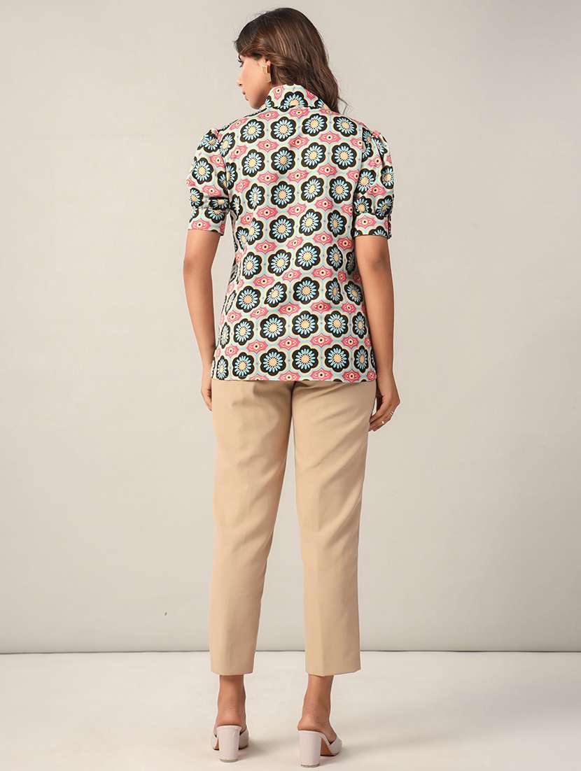 women printed tie up neck shirt - 21599386 -  Standard Image - 2
