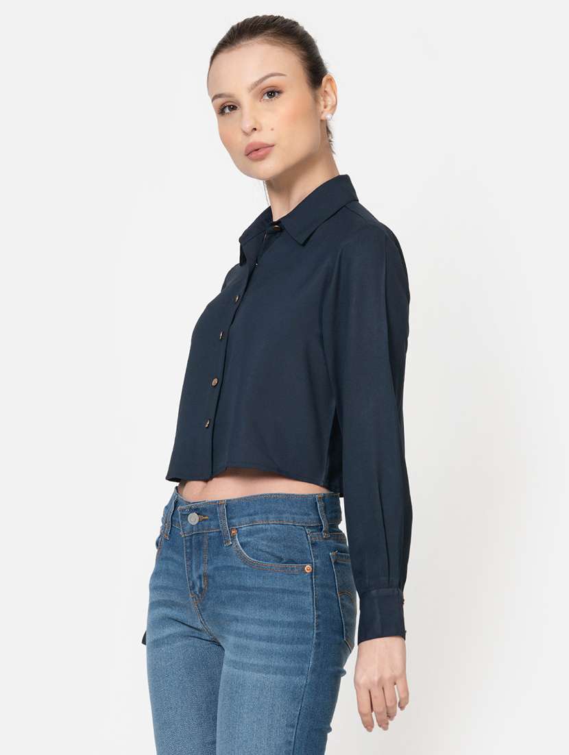 women blue solid boxy shirt - 21599387 -  Standard Image - 2