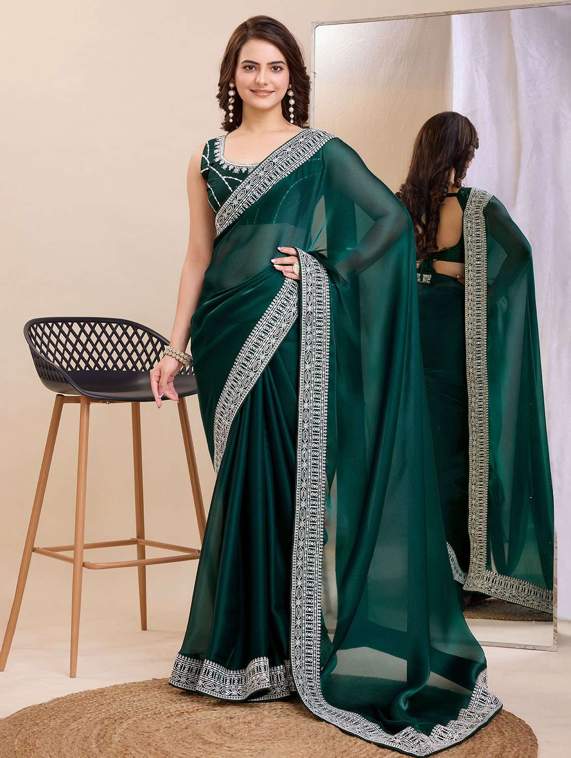 women solid with border ready to wear saree with blouse