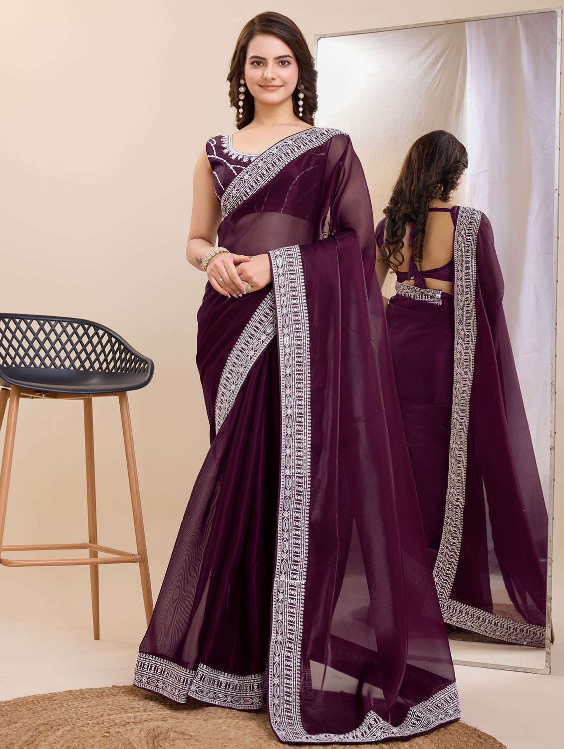 women solid with border ready to wear saree with blouse