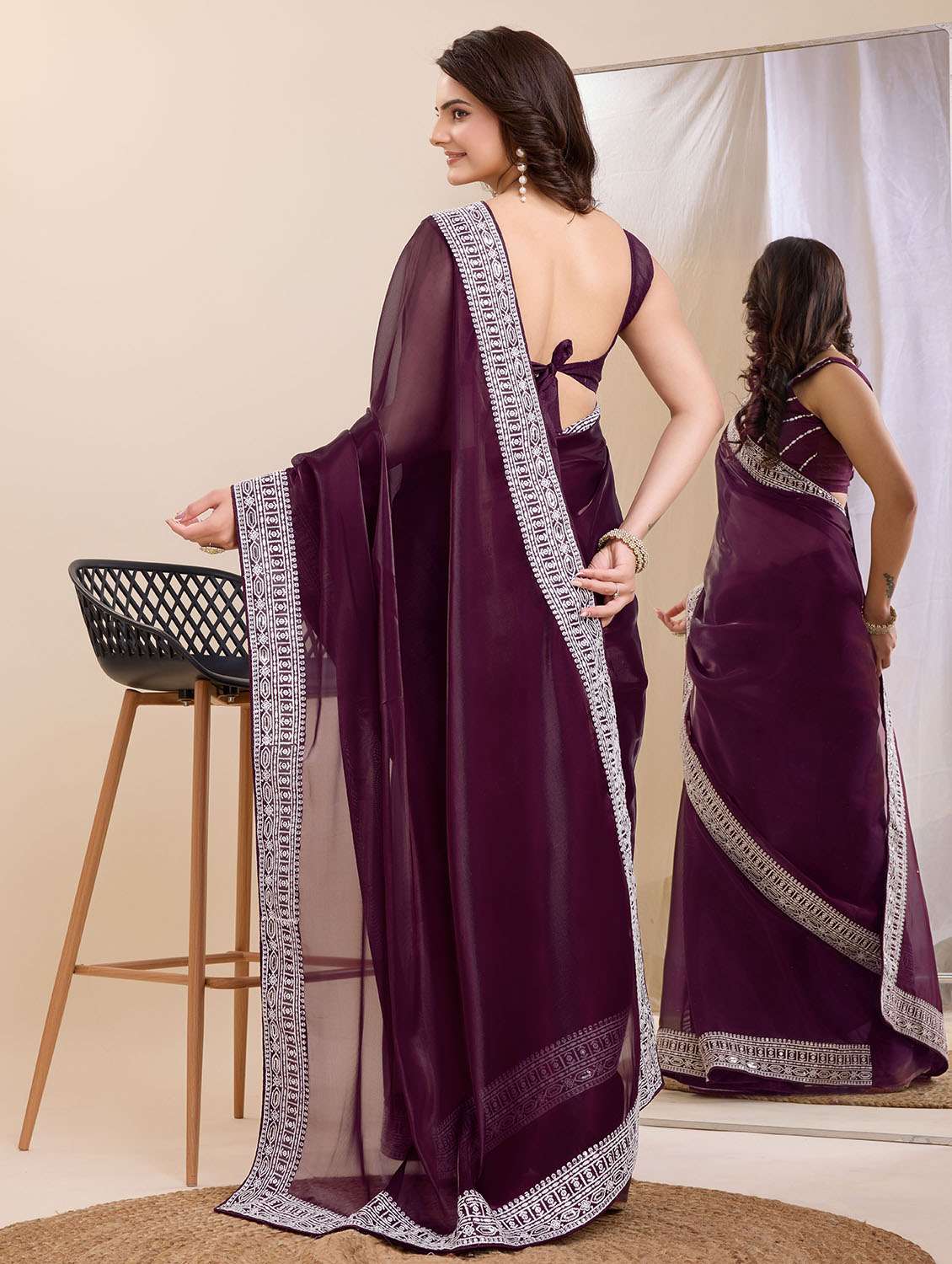 women solid with border ready to wear saree with blouse - 21599508 -  Standard Image - 2