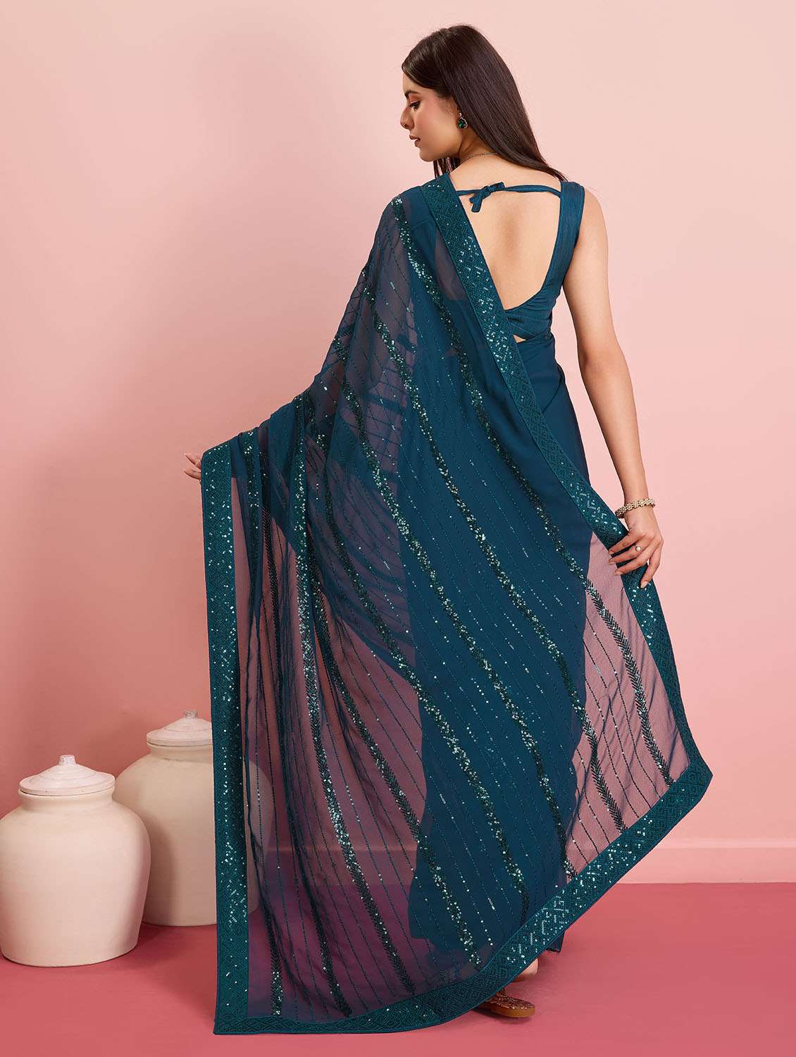 women solid with work ready to wear saree with blouse - 21599518 -  Standard Image - 2