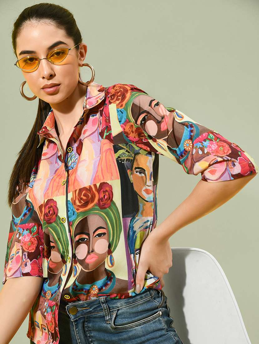 women printed collared three quarter sleeves shirt - 21599549 -  Standard Image - 2