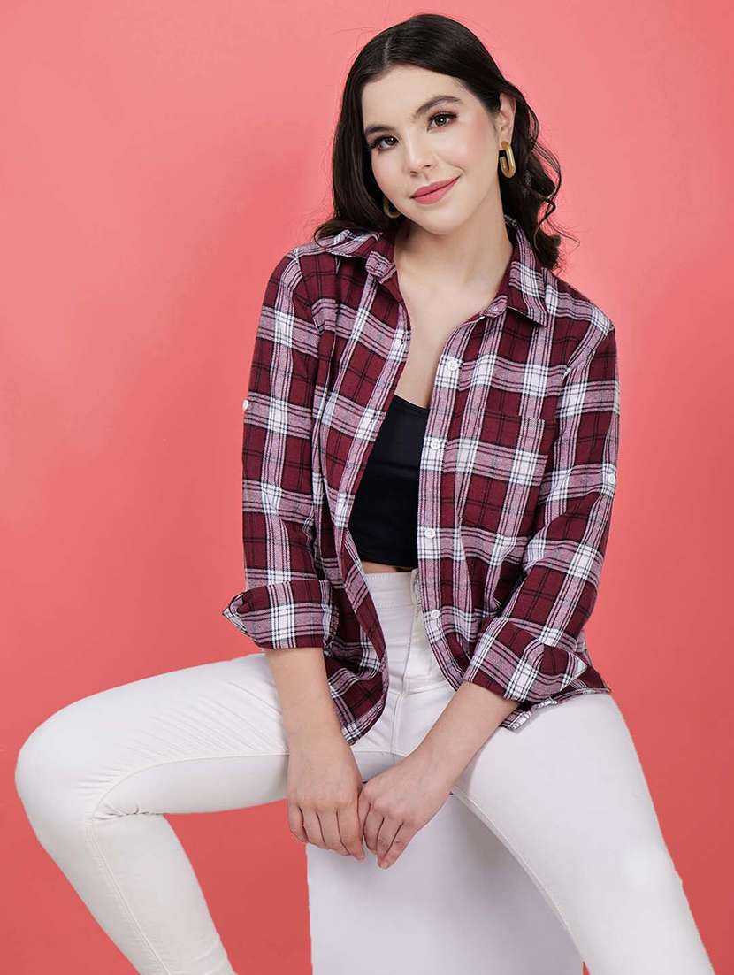 women maroon checks regular shirt - 21599596 - Standard Image - 2
