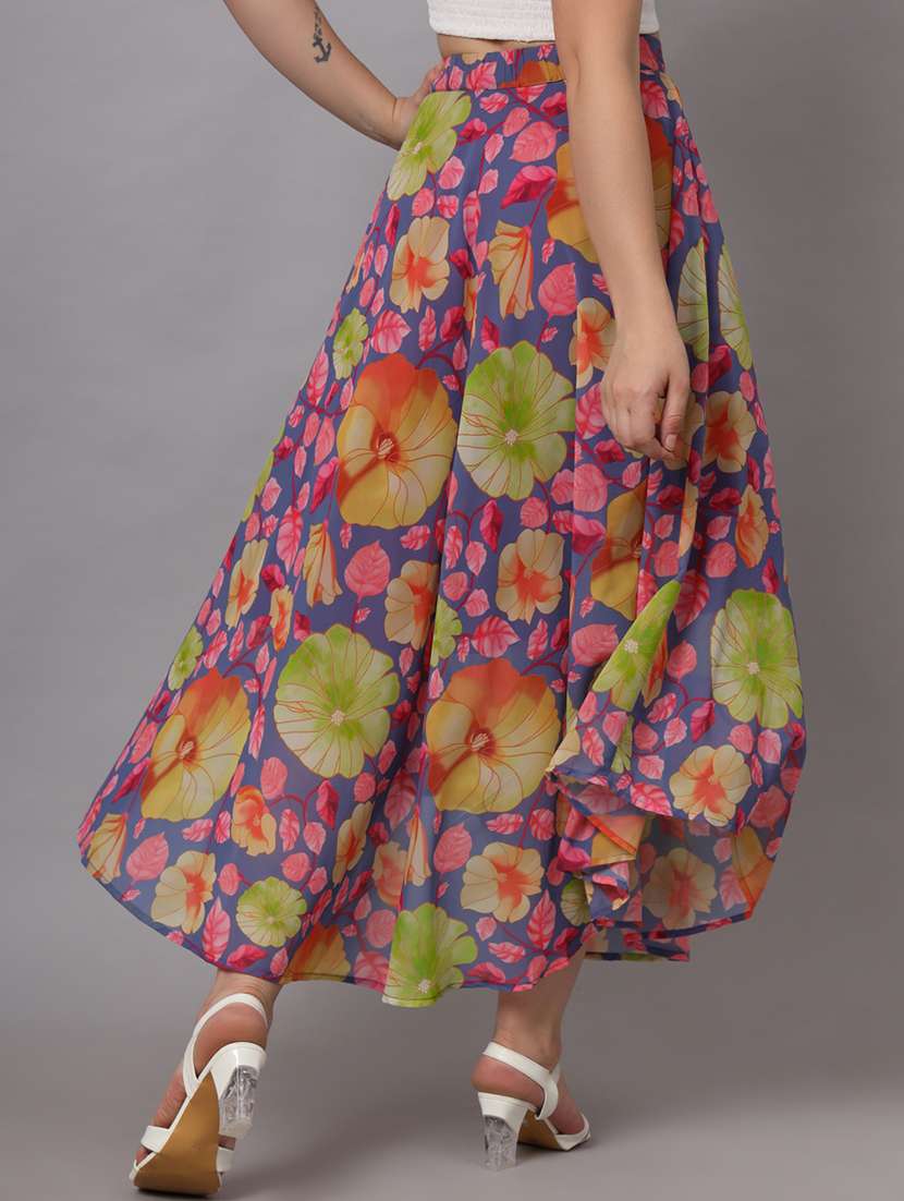 women blue floral printed flared skirt - 21599666 - Standard Image - 2