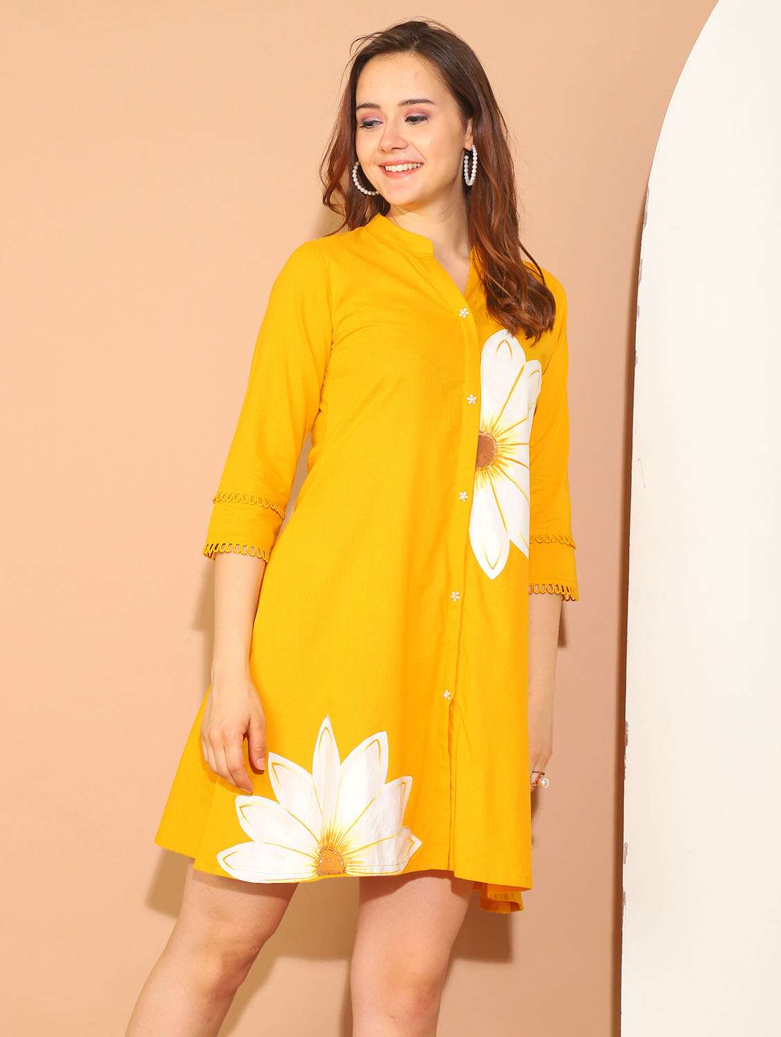 women mustard floral printed shirt dress - 21600603 -  Standard Image - 2