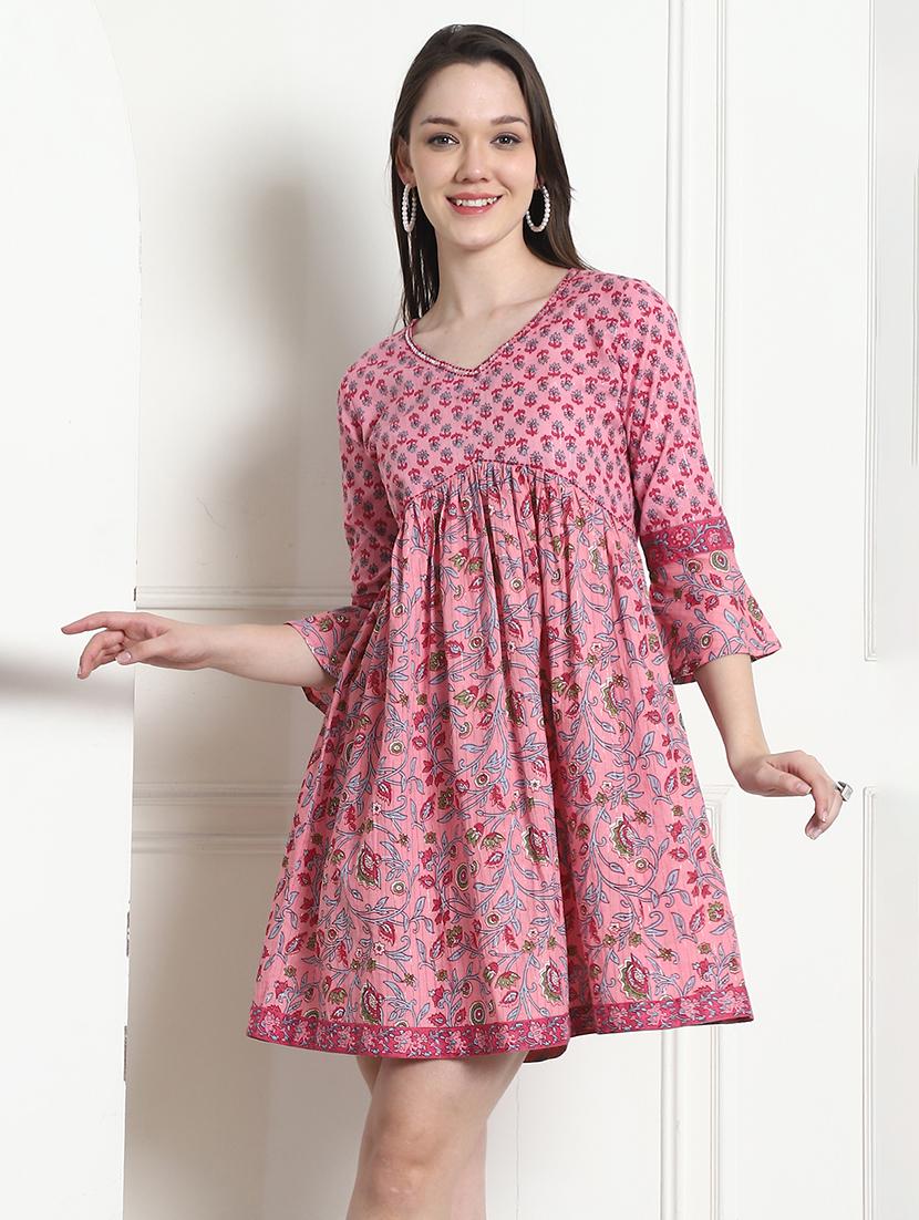 women pink printed a-line dress - 21600609 - Zoom Image - 0