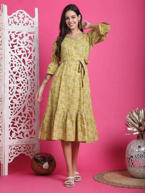 women lime printed tiered dress - 21600612 - Standard Image - 0