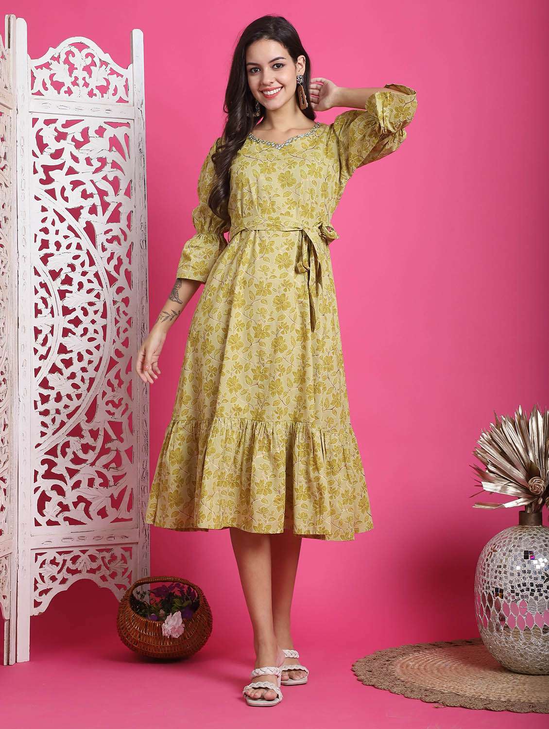 women lime printed tiered dress - 21600612 - Zoom Image - 0