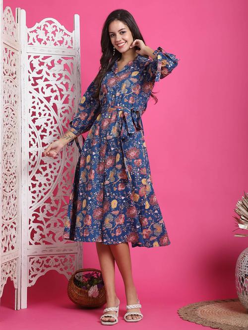 women blue floral printed fit & flare dress - 21600613 - Standard Image - 0