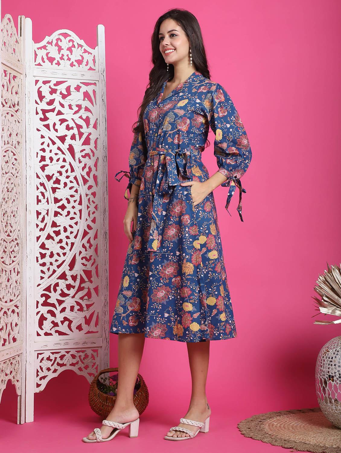 women blue floral printed fit & flare dress - 21600613 - Standard Image - 2