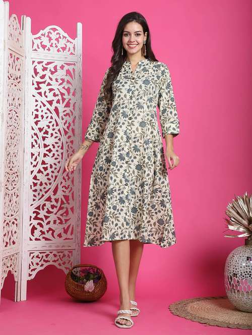 women beige floral printed a-line dress - 21600616 -  Standard Image - 0