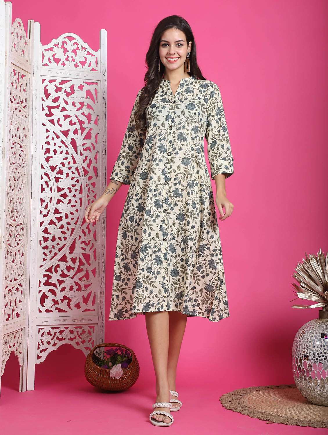 women beige floral printed a-line dress - 21600616 -  Zoom Image - 0