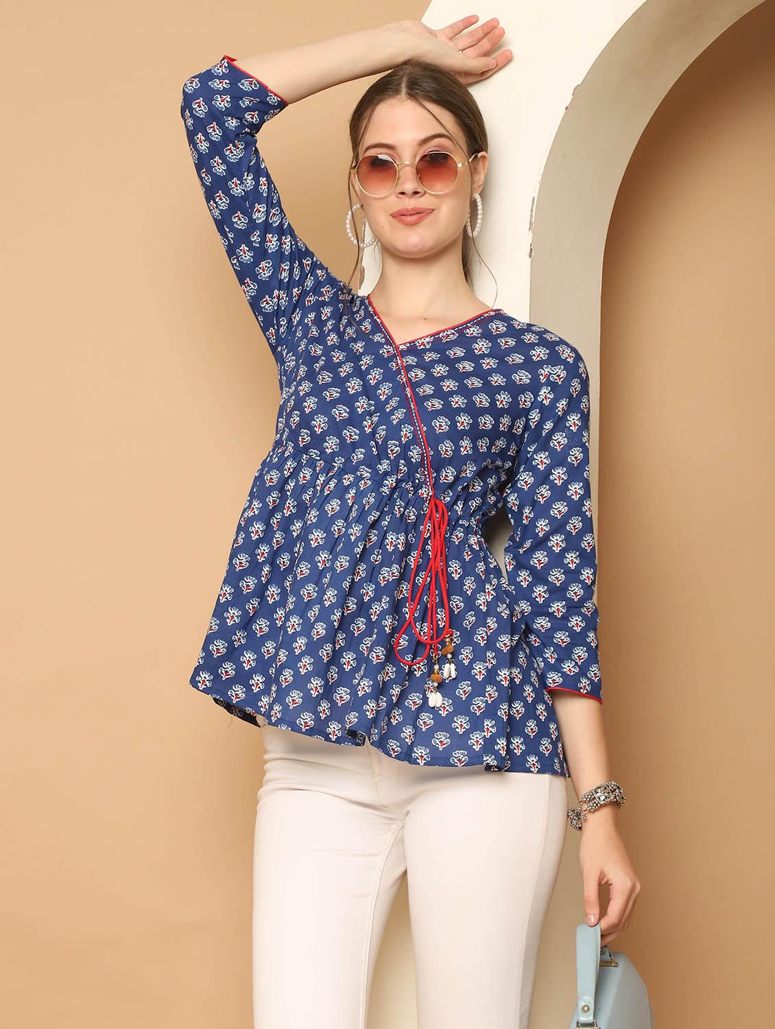 women printed three quarter sleeves peplum top - 21600632 -  Zoom Image - 0