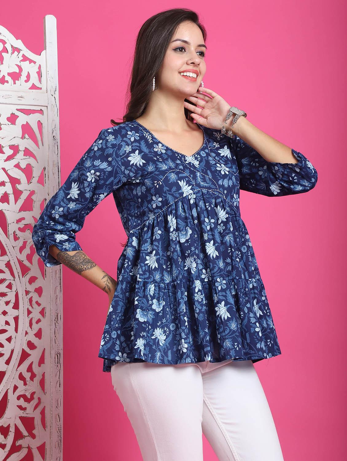 women printed three quarter sleeves flared top - 21600635 - Standard Image - 2