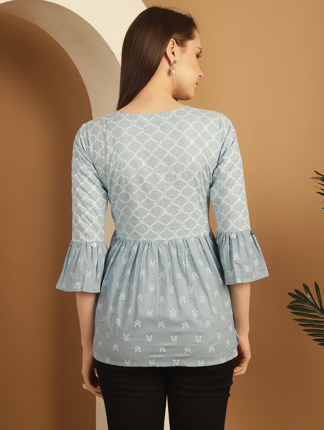 women printed bell sleeves peplum top - 21600638 - Standard Image - 2
