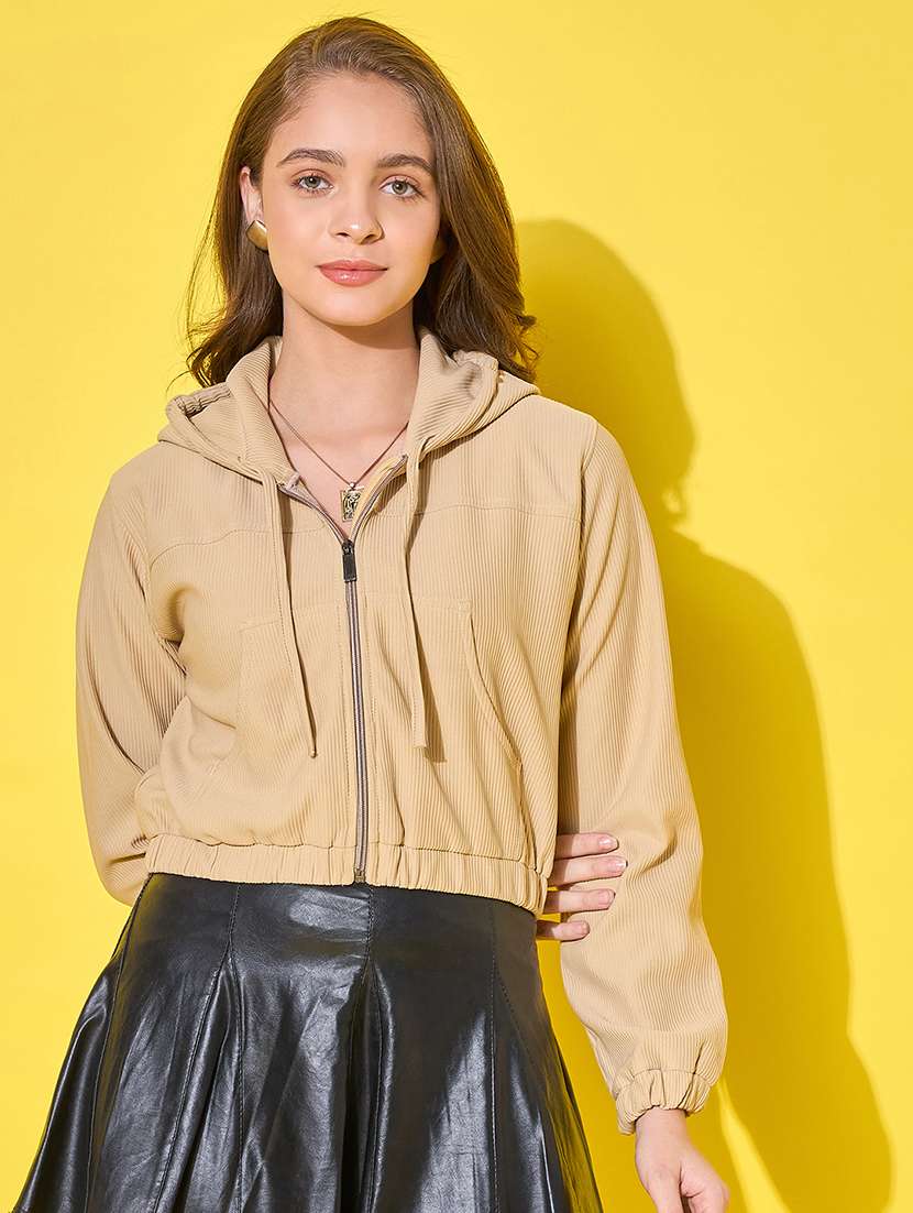 beige cotton polyester blend hoodie jacket