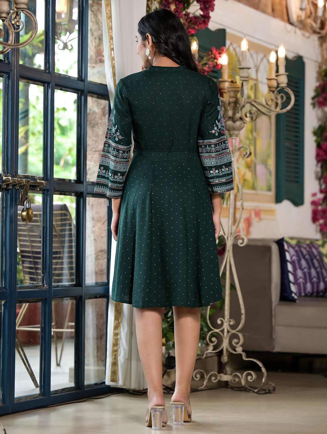 women green printed flared ethnic dress - 21601064 -  Standard Image - 2