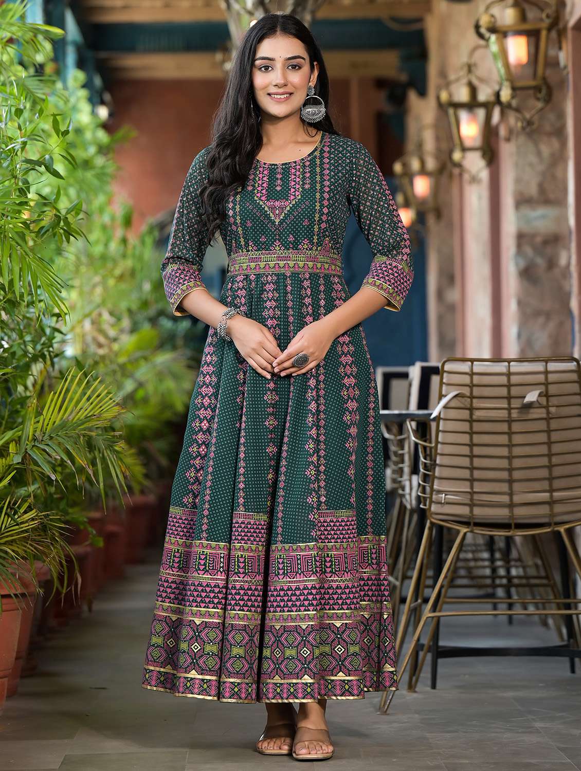 women green printed anarkali ethnic dress