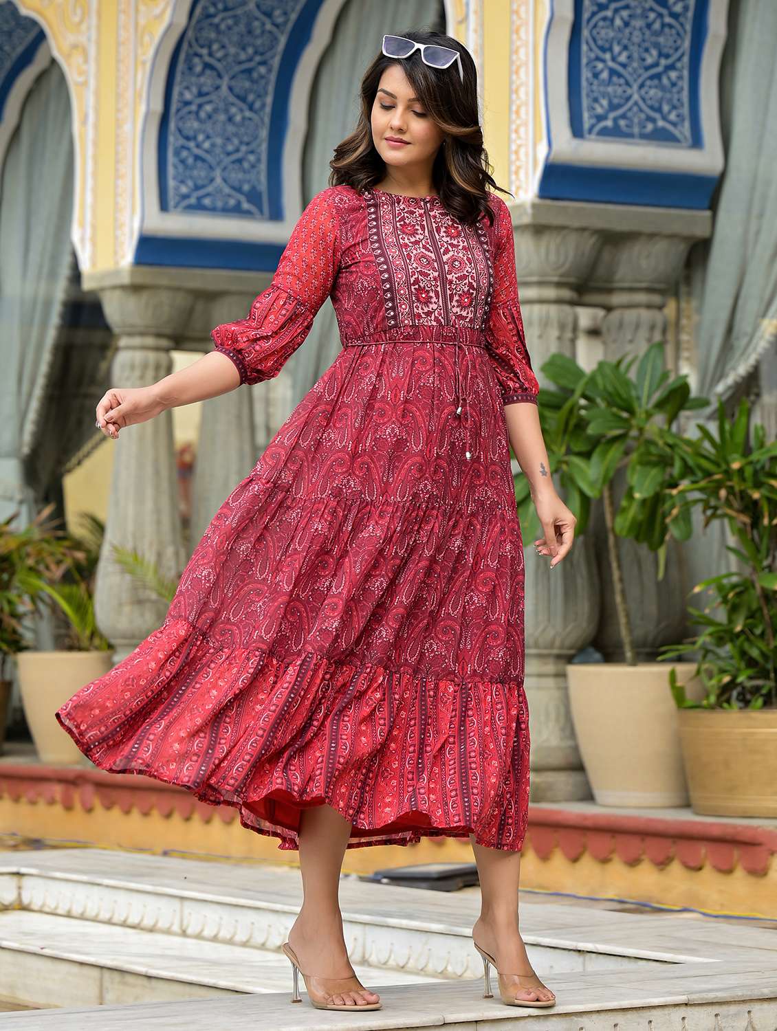 women rust printed tiered ethnic dress - 21601070 -  Standard Image - 2