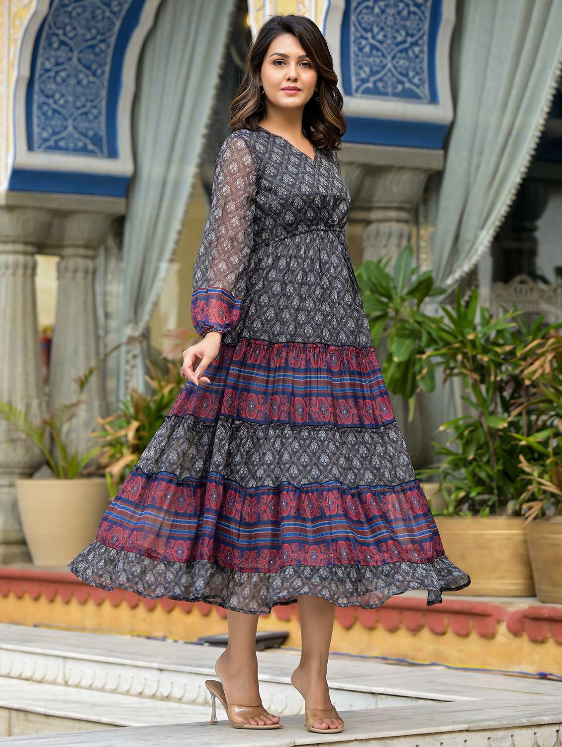 women black printed tiered ethnic dress - 21601071 - Standard Image - 2