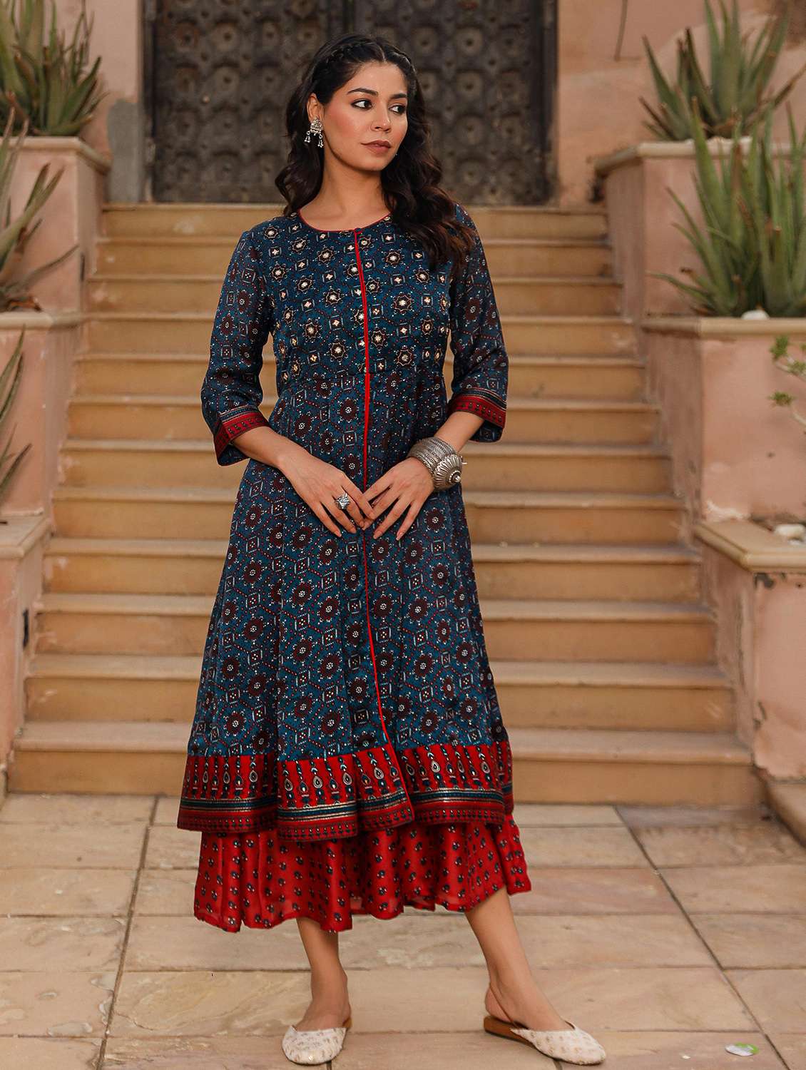 women printed round neck layered ethnic dress