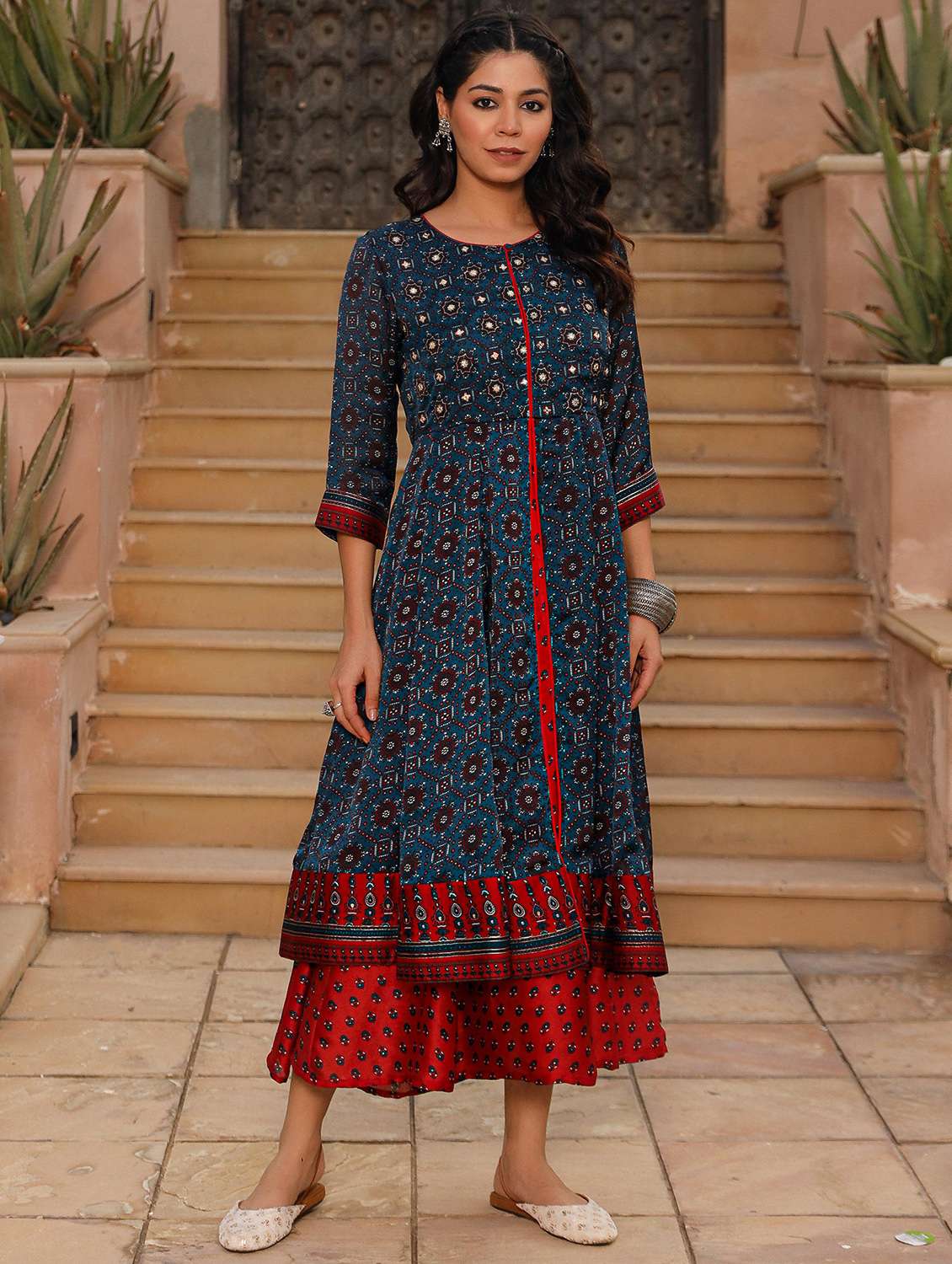 women printed round neck layered ethnic dress - 21601074 -  Standard Image - 2
