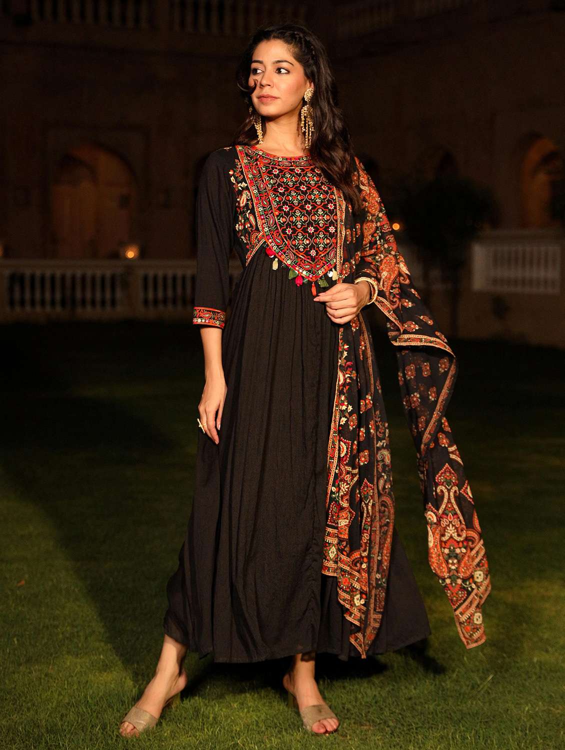 women black embroidered kurta dupatta set