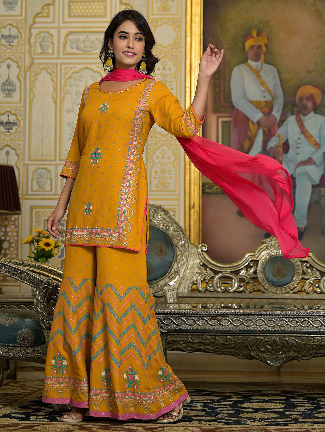 women printed three quarter sleeves suit set - 21606678 - Standard Image - 2