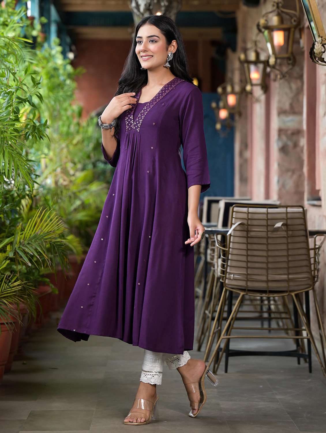 women mirror work three quarter sleeves a-line kurta - 21606780 -  Standard Image - 2