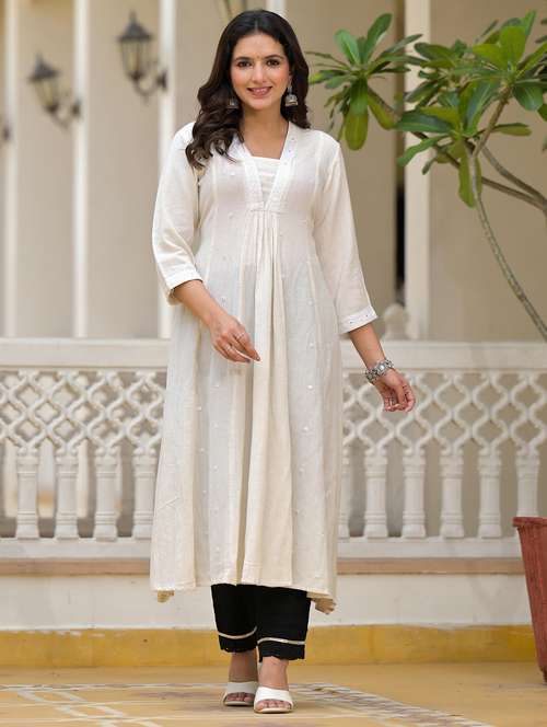 women embroidered three quarter sleeves a-line kurta - 21606781 -  Standard Image - 0